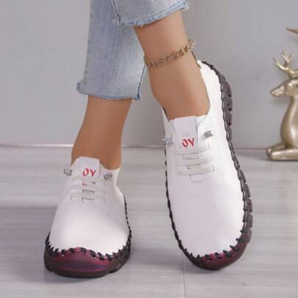 White Slip-On Sneakers – Red Trim, Jeweled Lace Detail